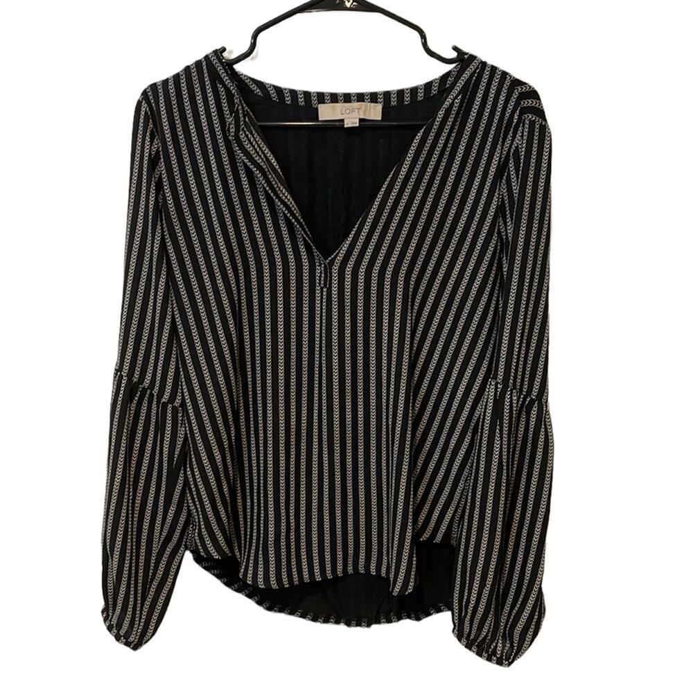 Loft black and white striped bell sleeve v neck xs
